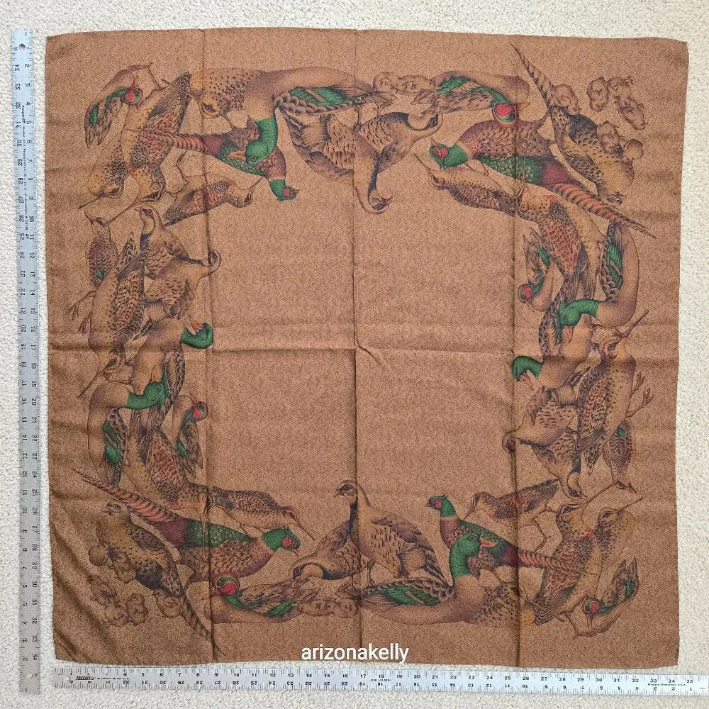 Large Silk Scarf Tan With Game Birds Made in Italy